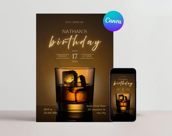 Modèle d'invitation d'anniversaire whisky Invitation sur toile pour homme Invitation d'anniversaire whisky à imprimer pour une fête d'anniversaire sur le thème du whisky