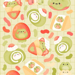 Puede incluir: Ilustración caprichosa con varios postres con diseños de ranas. La imagen incluye golosinas con forma de fresa, bizcochos enrollados verdes y pasteles con forma de rana, todos con caras sonrientes. El texto "FROGG TREATS" está en la parte superior.