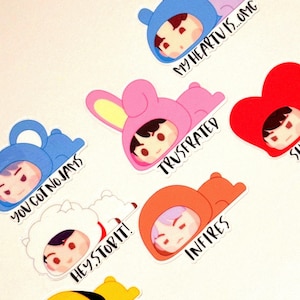 May include: A collection of colorful stickers featuring cartoon characters in various animal costumes. Each sticker has a different expression and text, including "YOU GOT NO JAMS", "HEY, STOP IT!", "TRUSFRATED", "INFIRES", and "MY HEARTU IS... OMG".