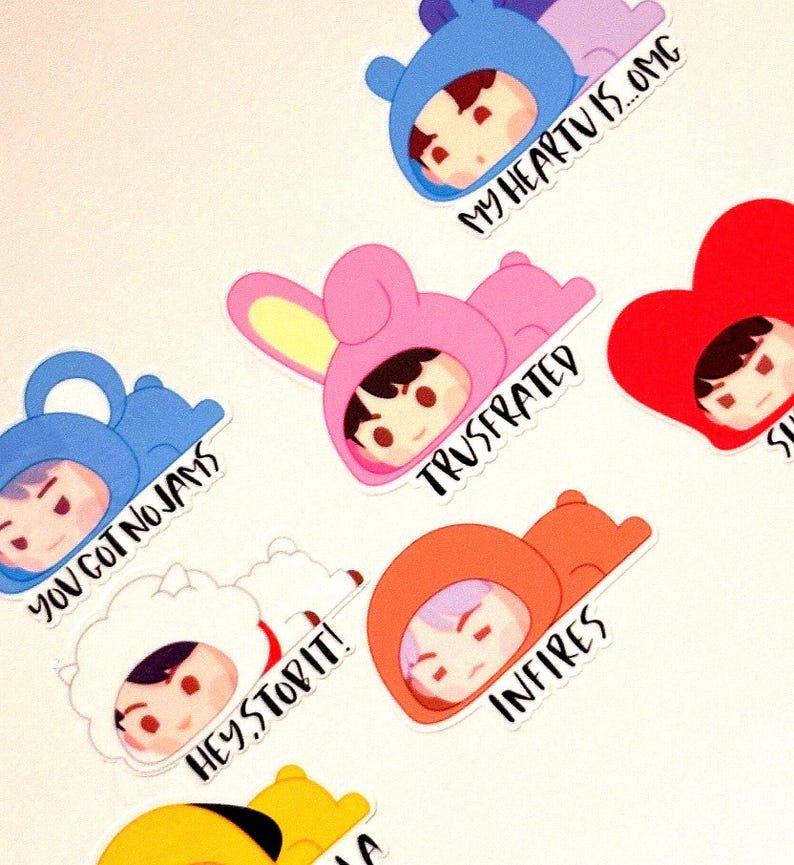 May include: A collection of colorful stickers featuring cartoon characters in various animal costumes. Each sticker has a different expression and text, including "YOU GOT NO JAMS", "HEY, STOP IT!", "TRUSFRATED", "INFIRES", and "MY HEARTU IS... OMG".