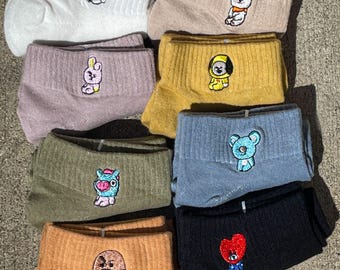 BT21 Embroidered Ankle Socks Set | Kpop Fan Gift, Pastel Character Socks