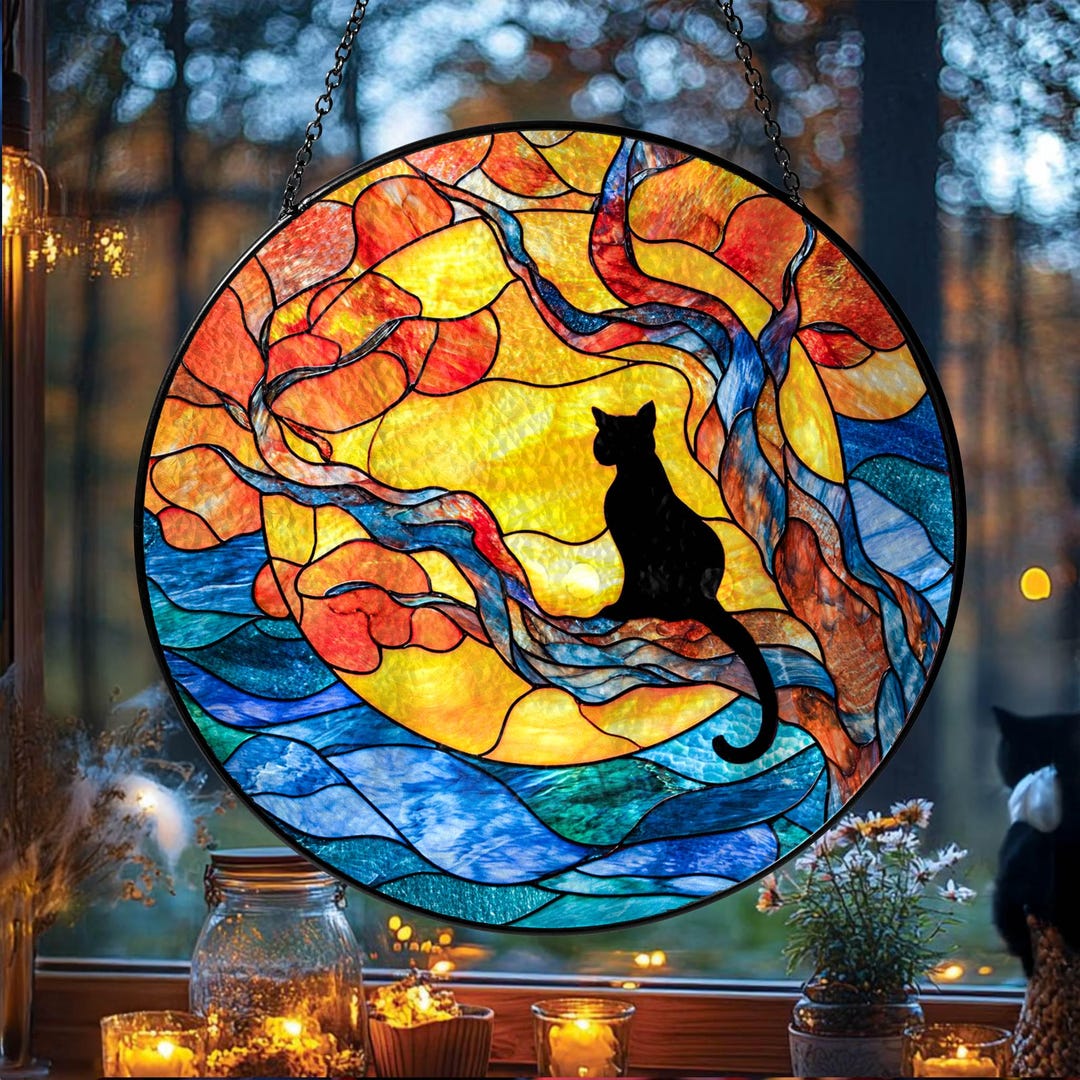 Black Cat Suncatcher: Stained Glass Harvest Moon, Halloween Decor - Etsy