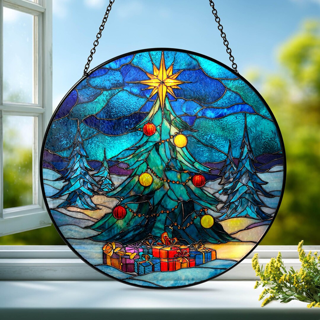 Stained Glass Christmas Tree Suncatcher: Festive Blue Holiday Window ...