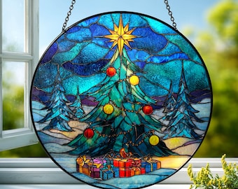 Stained Glass Christmas Tree Suncatcher: Festive Blue Holiday Window Art
