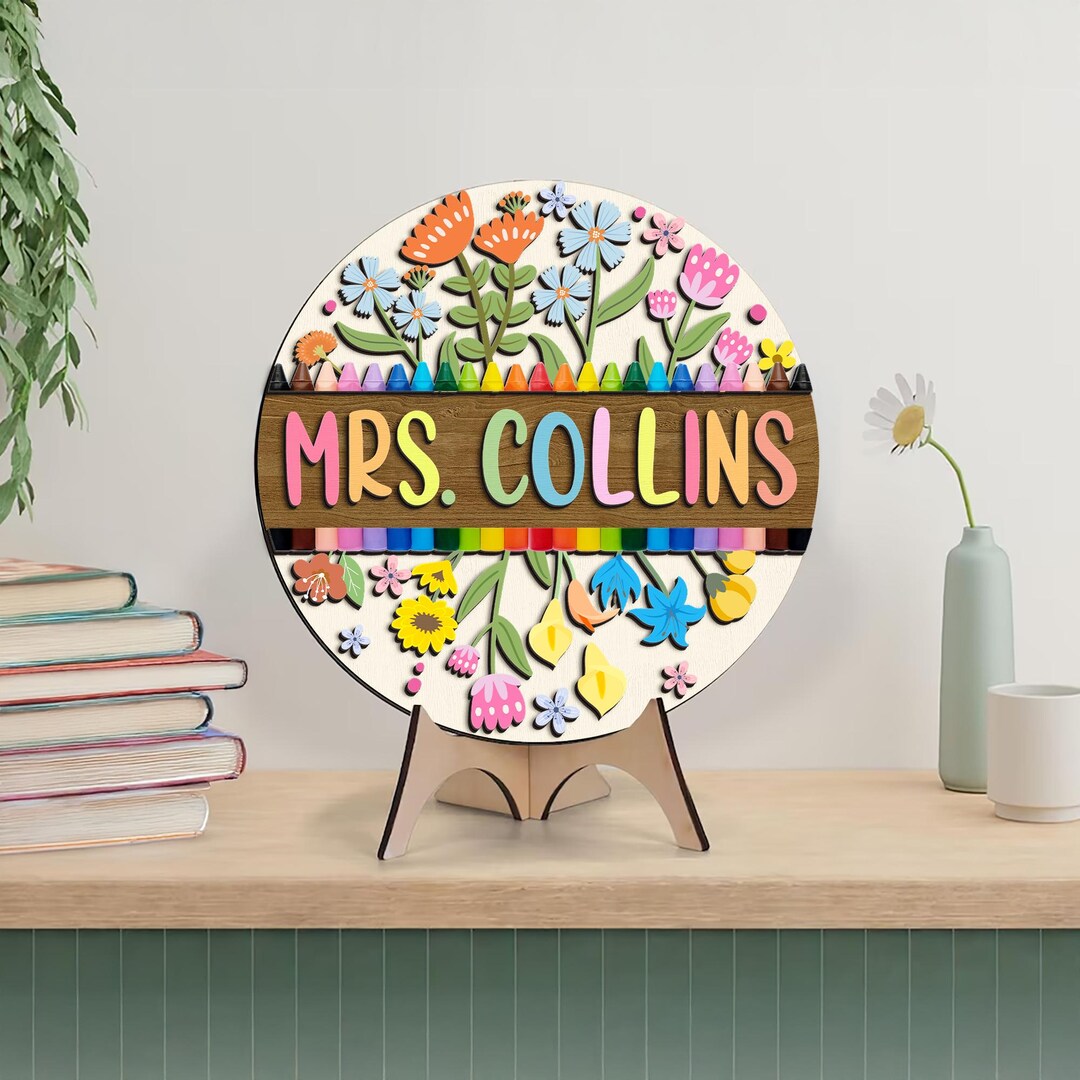 Personalized Teacher Classroom Sign Custom Name Wood Door Hanger Floral ...
