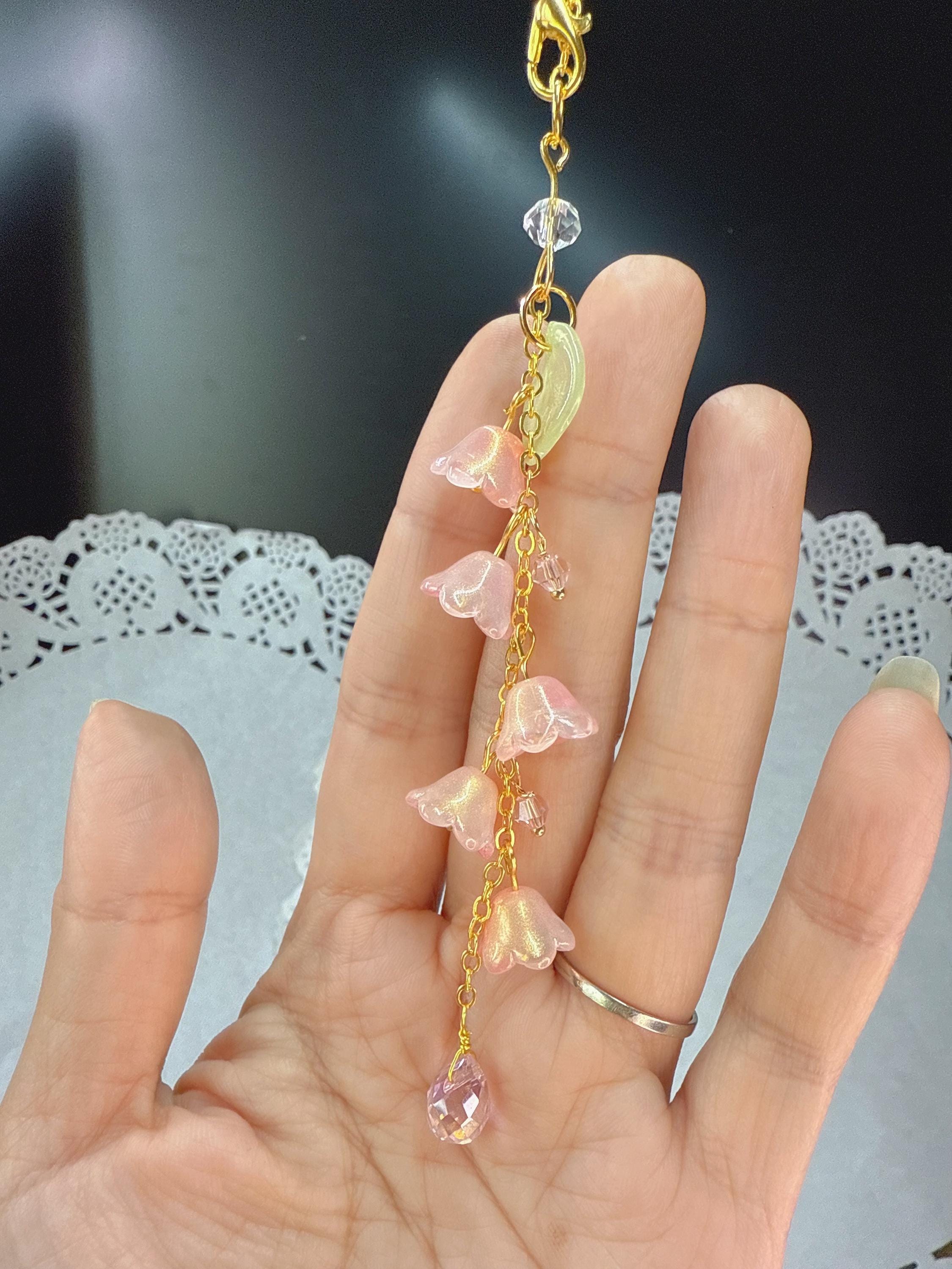 Glass flower drop car charm pink lily flower of the valley rear view mirror accessories car leaf decor car hanger gift for her car gift