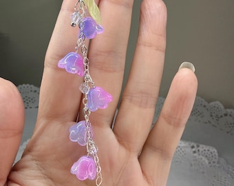 Glass Lily of the Valley Car Charm: Pink Blue Flower Rear View Mirror Suncatcher
