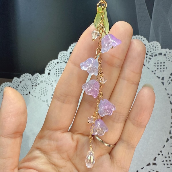 Glass Lily of the Valley Car Charm: Purple blue Flower Rear View Mirror Decor sun catcher