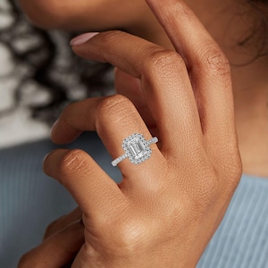 2.18CT Emerald-Cut Lab Grown Diamond Engagement Ring: White Gold Halo Setting