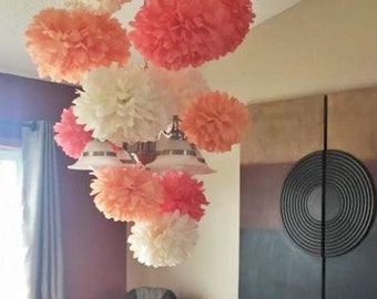 12 Tissue paper pom poms, Wedding, Baby, Bridal shower, Rehearsal, Tea Party decorations. Hanging pom poms. Cream, Peach, Coral