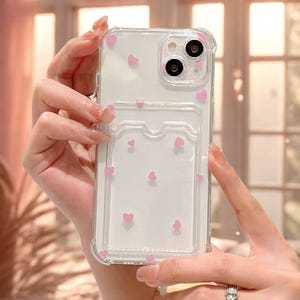 Roze hart ontwerp telefoonhoesje met kaarthouder voor iPhone 16 Pro Max, doorzichtige zachte TPU-cover voor iPhone 15 14 13 12 11 Pro Max X XR XS Max 7 8