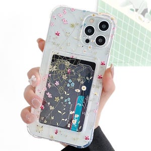Lente bloemen helder telefoonhoesje met kaarthouder, schattig bloemontwerp voor iPhone 16 15 14 13 12 11 Pro Max XS XR X 8 7 Plus