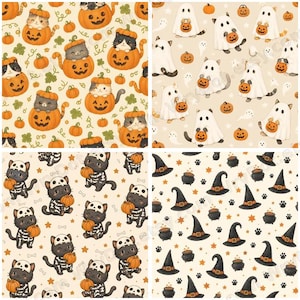 May include: A collection of eight seamless patterns featuring Halloween themes including black cats in witch hats, cats inside pumpkins, cats dressed as ghosts, vampires, mummies, skeletons, witch hats, cauldrons, and cats on crescent moons.