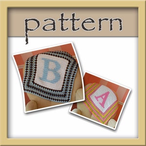 May include: Two crocheted baby blankets with a square border and a large letter in the center. The blanket on the left has a blue letter "B" and a brown, blue, and white border. The blanket on the right has a pink letter "A" and a yellow, green, and pink border.