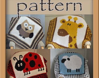 PATTERN PACK - 4 Crochet Afghans - giraffe, ladybug, sheep, owl - Instant Download