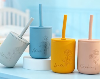 Vaso con pajita personalizado, vaso de entrenamiento personalizado para niños pequeños, vaso de silicona para bebés, regalo de primer cumpleaños, vaso con nombre grabado personalizado