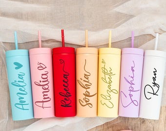 Gepersonaliseerde beker met deksel en rietje, gepersonaliseerde cadeaus voor bruidsmeisjes