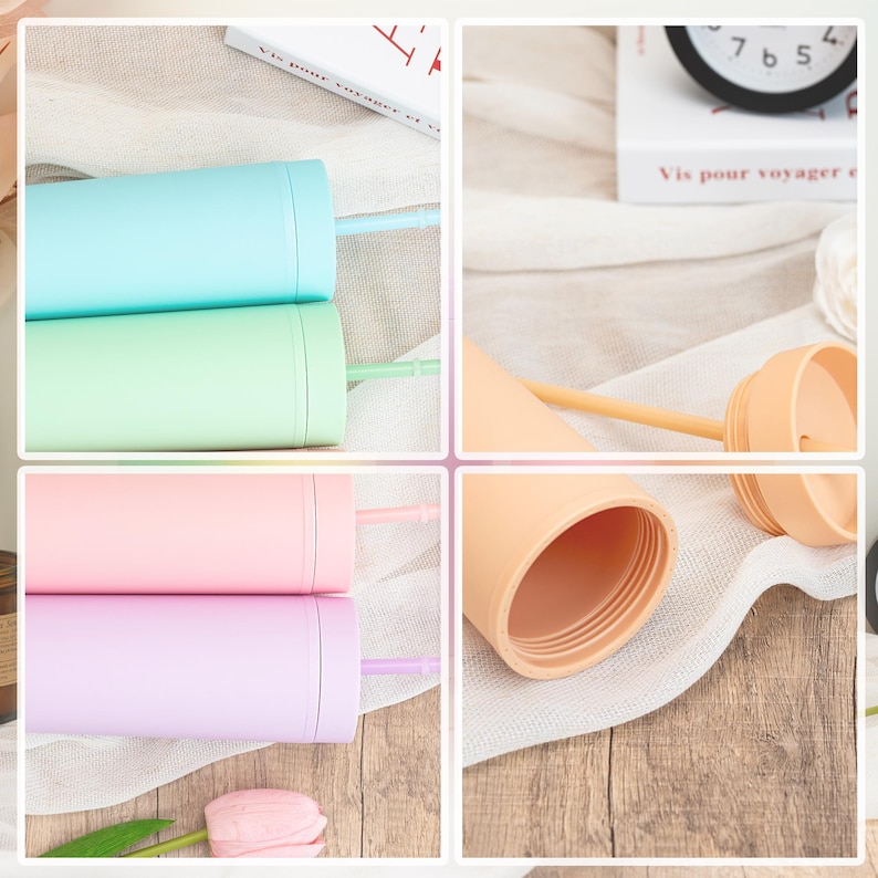 May include: A collection of pastel-colored tumblers with straws. The tumblers are in shades of blue, green, pink, and purple. The image also shows a disassembled tumbler with a lid and straw, and a clock and book with the text "Vis pour voyager et".
