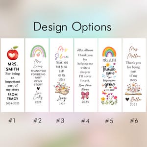 May include: A collection of six white bookmarks with various designs and text. Each bookmark features a different design, including an apple, rainbow, flowers, and bows. The text includes phrases like "Thank you for being part of my story."