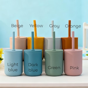 May include: A collection of colorful silicone cups with lids and straws. The cups are in various colors, including light blue, dark blue, green, and pink, with matching lids and straws. The image has text labels: Beige, Yellow, Gray, and Orange.