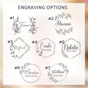 May include: Image showcasing engraving options with names and dates. Designs include floral wreaths and geometric frames. Names like Timmi, Naomi, Rafael, Camila, Natalie, Amelia, and Lillian are displayed with dates such as 06.15.2025 and 06-28-2025.