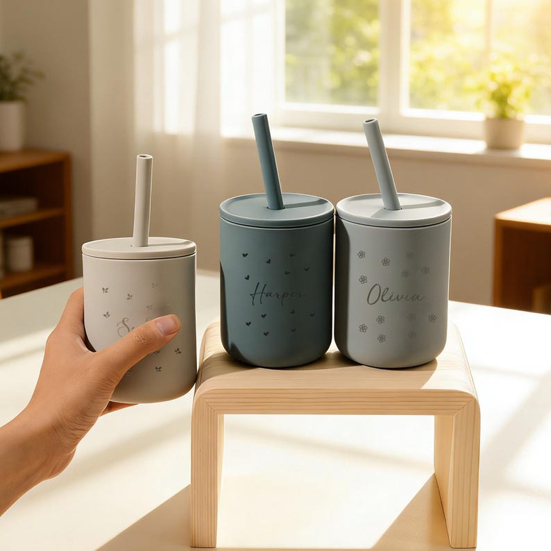 May include: Three silicone cups with lids and straws. One is held by a hand. The cups are light gray and blue-gray, with the names "Harper" and "Olivia" printed on two of them. The cups have a minimalist design with small decorative elements.
