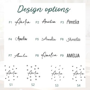 May include: Image showcasing design options for the name "Amelia" in various fonts and styles. The text "Design options" is at the top in a cursive font. The name "Amelia" appears in different fonts, with some designs incorporating decorative elements like hearts and flowers.