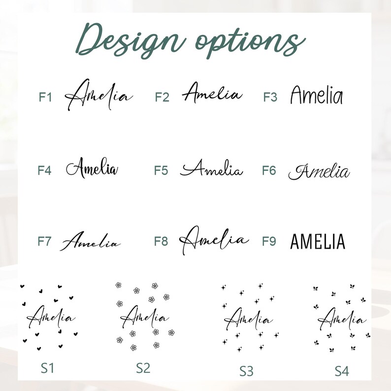 May include: Image showcasing design options for the name "Amelia" in various fonts and styles. The text "Design options" is at the top in a cursive font. The name "Amelia" appears in different fonts, with some designs incorporating decorative elements like hearts and flowers.
