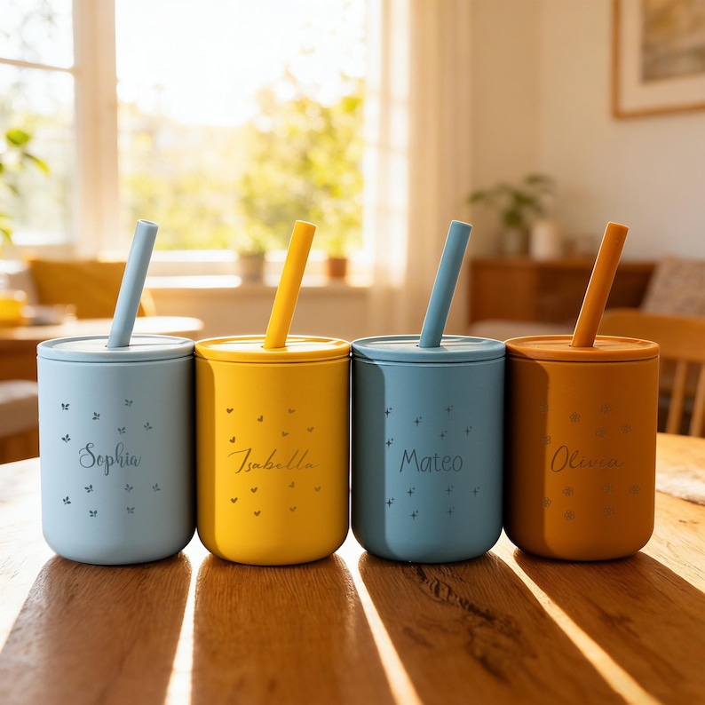 May include: Four colorful tumblers with lids and straws. The tumblers are in shades of blue, yellow, and orange. Each tumbler has a name printed on it: Sophia, Isabella, Mateo, and Olivia. Small butterfly and star designs are also present.