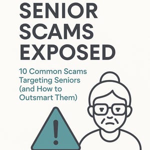 May include: A black and white illustration of a senior woman with a worried expression. The text "SMART SENIOR CARE" is at the top of the image. The text "SENIOR SCAMS EXPOSED" is in large, bold letters. The text "10 Common Scams Targeting Seniors (and How to Outsmart Them)" is below the illustration. A blue triangle with an exclamation point inside is to the left of the illustration. The text "Trusted tools for life's decisions" is at the bottom of the image.