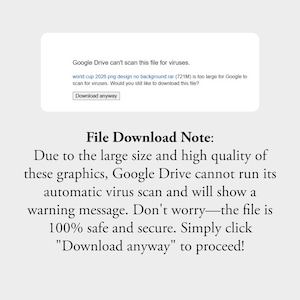 Puede incluir: Un cuadro de notificaci&oacute;n digital que indica que Google Drive no puede analizar el archivo world cup 2026 png design no background.rar en busca de virus debido a su tama&ntilde;o, con un bot&oacute;n Download anyway y una nota sobre la seguridad.