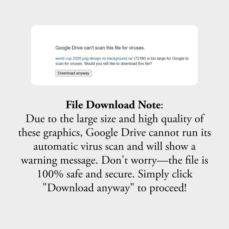 Puede incluir: Un cuadro de notificaci&oacute;n digital que indica que Google Drive no puede analizar el archivo world cup 2026 png design no background.rar en busca de virus debido a su tama&ntilde;o, con un bot&oacute;n Download anyway y una nota sobre la seguridad.