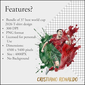 Paquete de imágenes PNG de jugadores de fútbol, imágenes prediseñadas de estrellas de fútbol en acuarela, diseño de sublimación de la Copa Mundial 2026, imágenes PNG transparentes de Messi, Ronaldo, Mbappé y Haaland imagen 9