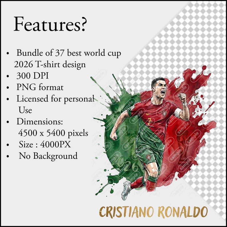 Paquete de imágenes PNG de jugadores de fútbol, imágenes prediseñadas de estrellas de fútbol en acuarela, diseño de sublimación de la Copa Mundial 2026, imágenes PNG transparentes de Messi, Ronaldo, Mbappé y Haaland imagen 9