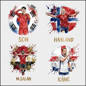 Puede incluir: Una ilustraci&oacute;n digital que muestra a cuatro futbolistas: Son con equipaci&oacute;n roja y la bandera de Corea del Sur, Haaland con equipaci&oacute;n roja y la bandera de Noruega, M. Salah con equipaci&oacute;n roja y la bandera de Egipto, y Kane con equipaci&oacute;n blanca y la bandera de Inglaterra.
