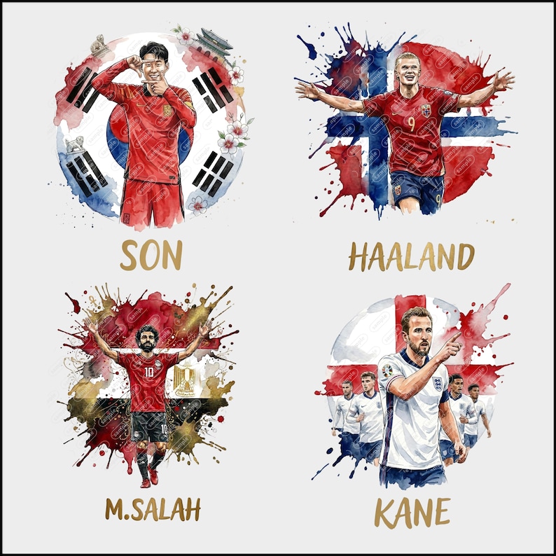 Puede incluir: Una ilustraci&oacute;n digital que muestra a cuatro futbolistas: Son con equipaci&oacute;n roja y la bandera de Corea del Sur, Haaland con equipaci&oacute;n roja y la bandera de Noruega, M. Salah con equipaci&oacute;n roja y la bandera de Egipto, y Kane con equipaci&oacute;n blanca y la bandera de Inglaterra.