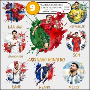 Puede incluir: Una colecci&oacute;n digital de nueve ilustraciones al estilo acuarela que muestran a futbolistas profesionales como Haaland, Neymar Jr, Lewandowski, Son, Cristiano Ronaldo, Kane, Mbappe y Messi, cada uno sobre sus respectivas banderas nacionales.