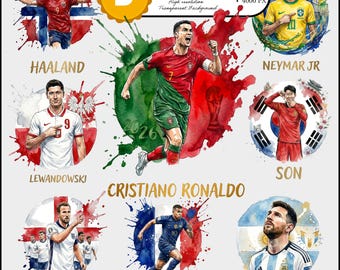 Paquete de imágenes PNG de jugadores de fútbol, imágenes prediseñadas de estrellas de fútbol en acuarela, diseño de sublimación de la Copa Mundial 2026, imágenes PNG transparentes de Messi, Ronaldo, Mbappé y Haaland