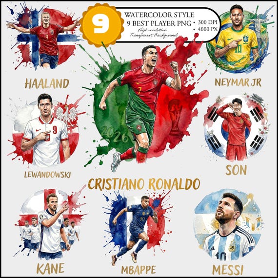 Soccer Player PNG Bundle, Watercolor Football Star Clipart, World Cup 2026 Sublimation Design, Messi Ronaldo Mbappe Haaland Transparent PNG