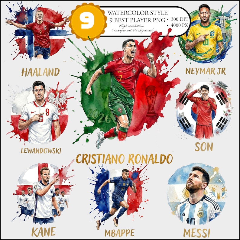 Puede incluir: Una colecci&oacute;n digital de nueve ilustraciones al estilo acuarela que muestran a futbolistas profesionales como Haaland, Neymar Jr, Lewandowski, Son, Cristiano Ronaldo, Kane, Mbappe y Messi, cada uno sobre sus respectivas banderas nacionales.