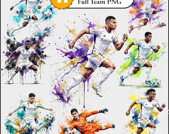 Paquete de imágenes PNG de jugadores de fútbol, imágenes prediseñadas de acuarela de jugadores de fútbol, descarga digital de Mbappé Vinicius, diseño de sublimación de fútbol