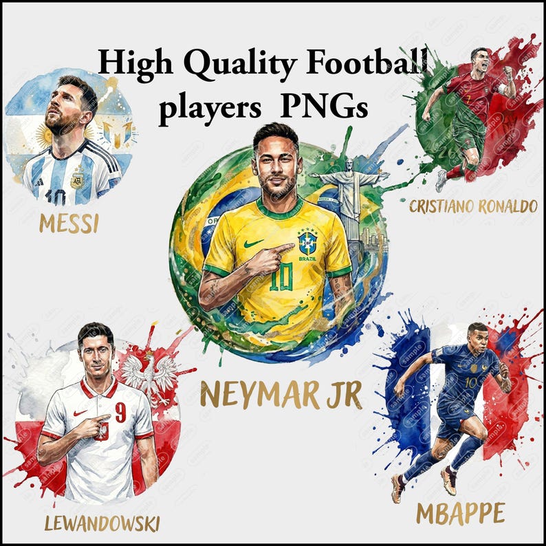 Puede incluir: Un gr&aacute;fico digital que presenta a cinco futbolistas: Messi, Neymar Jr, Cristiano Ronaldo, Lewandowski y Mbappe. Cada jugador aparece en un marco circular estilo acuarela con colores nacionales y etiquetas de texto. El t&iacute;tulo dice High Quality Football players PNGs.
