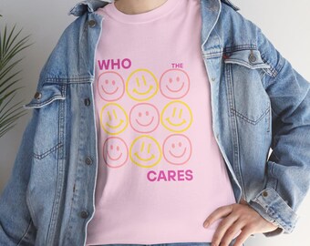 Who Cares Smiley T-Shirt | Casual Statement Shirt | Pink & Yellow | Unisex | Smiley Design | Gift Idea | Trendy Design