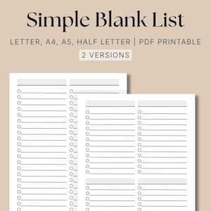 Lista simple en blanco, lista de tareas mínima, productividad, planificador, plantilla de lista de verificación, horario diario, rastreador, imprimible en tamaño carta/A4/A5/media carta