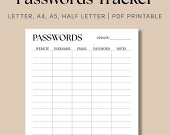 Printable Password Tracker: Minimalist Password Organizer (Letter/A4/A5/Half Letter PDF)