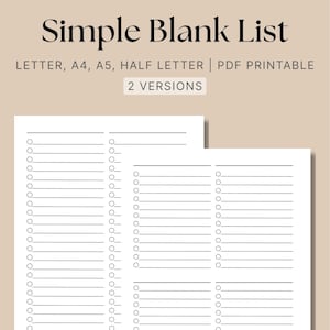 Simple Blank List, Minimal Task List, Productivity, Planner, Checklist Template, Daily Schedule, Tracker, Printable Letter/A4/A5/Half Letter