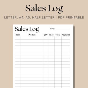 Registro de ventas simple, seguimiento de ventas minimalista, pequeñas empresas, seguimiento de pedidos, plantilla de registro de ventas, descarga imprimible en tamaño carta/A4/A5/media carta