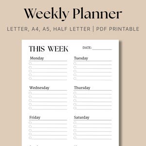 Simple Weekly Planner, Weekly Schedule, Weekly Organizer, To Do List, At a Glance, Task List, Minimal Printable Letter/A4/A5/Half Letter