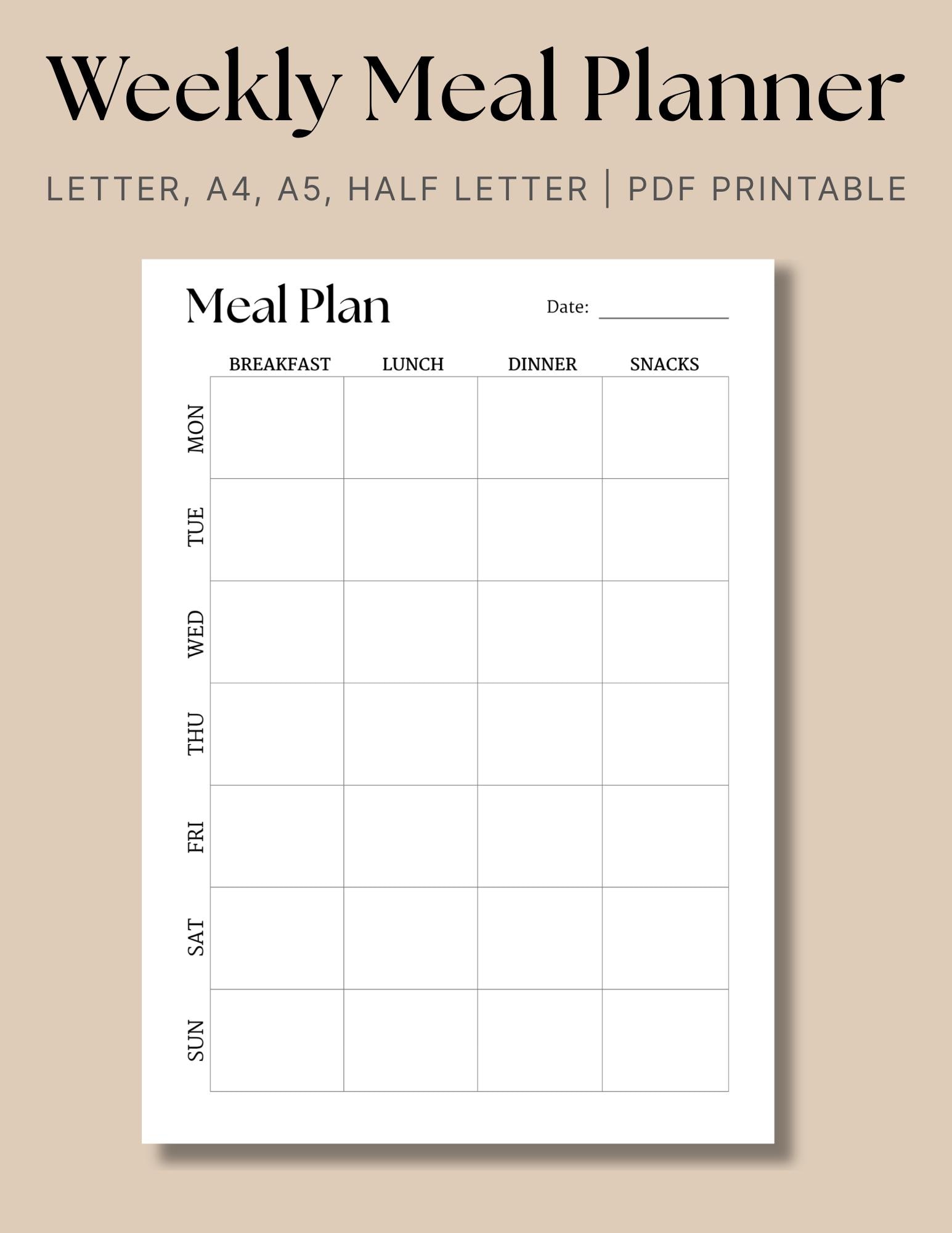 Simple Weekly Meal Planner: Printable Food Menu Template (Digital Download PDF A4/A5/Letter/Half Letter Sizes)