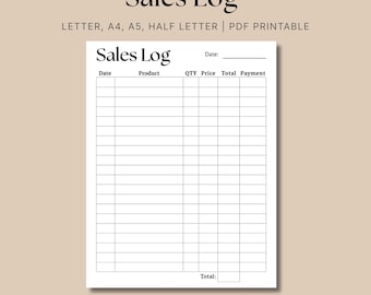 Simple Sales Log, Minimal Sales Tracker, Small Business, Order Tracker, Sales Record Template, Printable Letter/A4/A5/Half Letter
